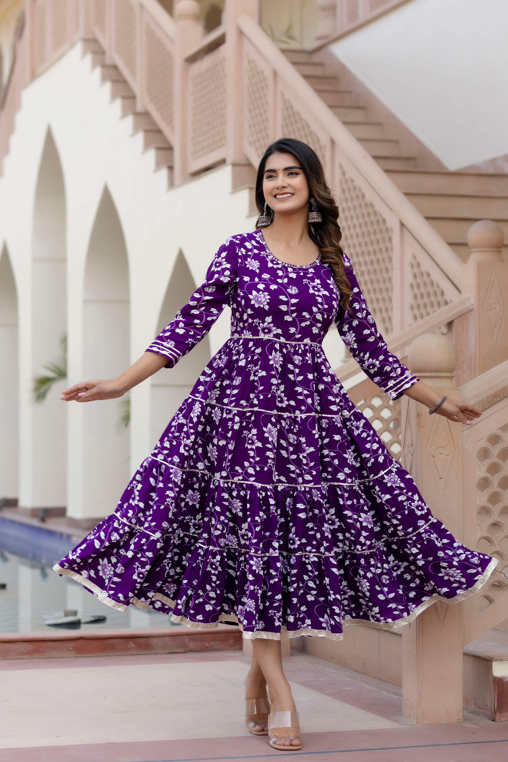 SUNEKH HEAVY DESIGN PURPLE ANARKALI PRINT DRESS