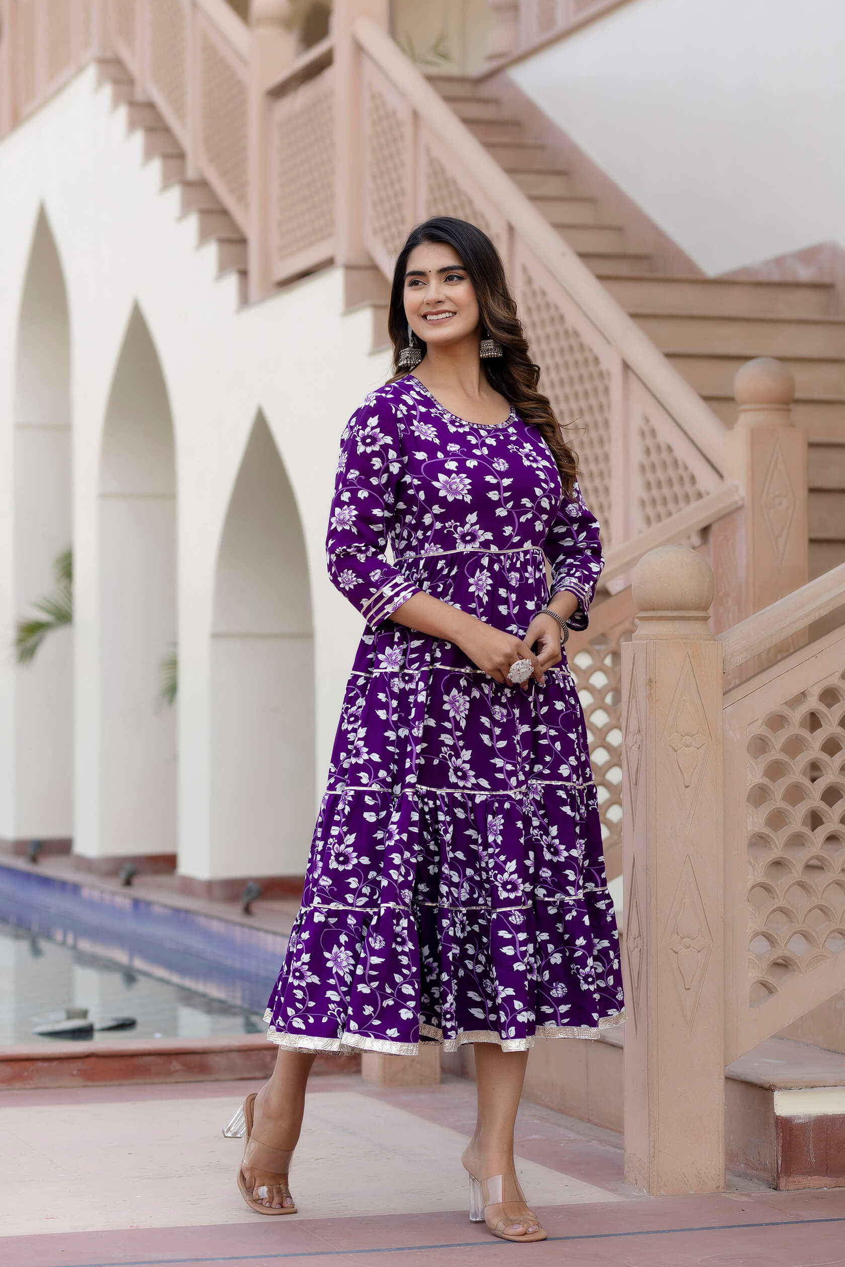 SUNEKH HEAVY DESIGN PURPLE ANARKALI PRINT DRESS